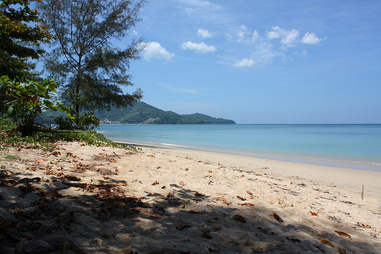 หาดในยาง น้ำทะเลสีฟ้า หาดทรายและต้นไม้ริมชายฝั่ง